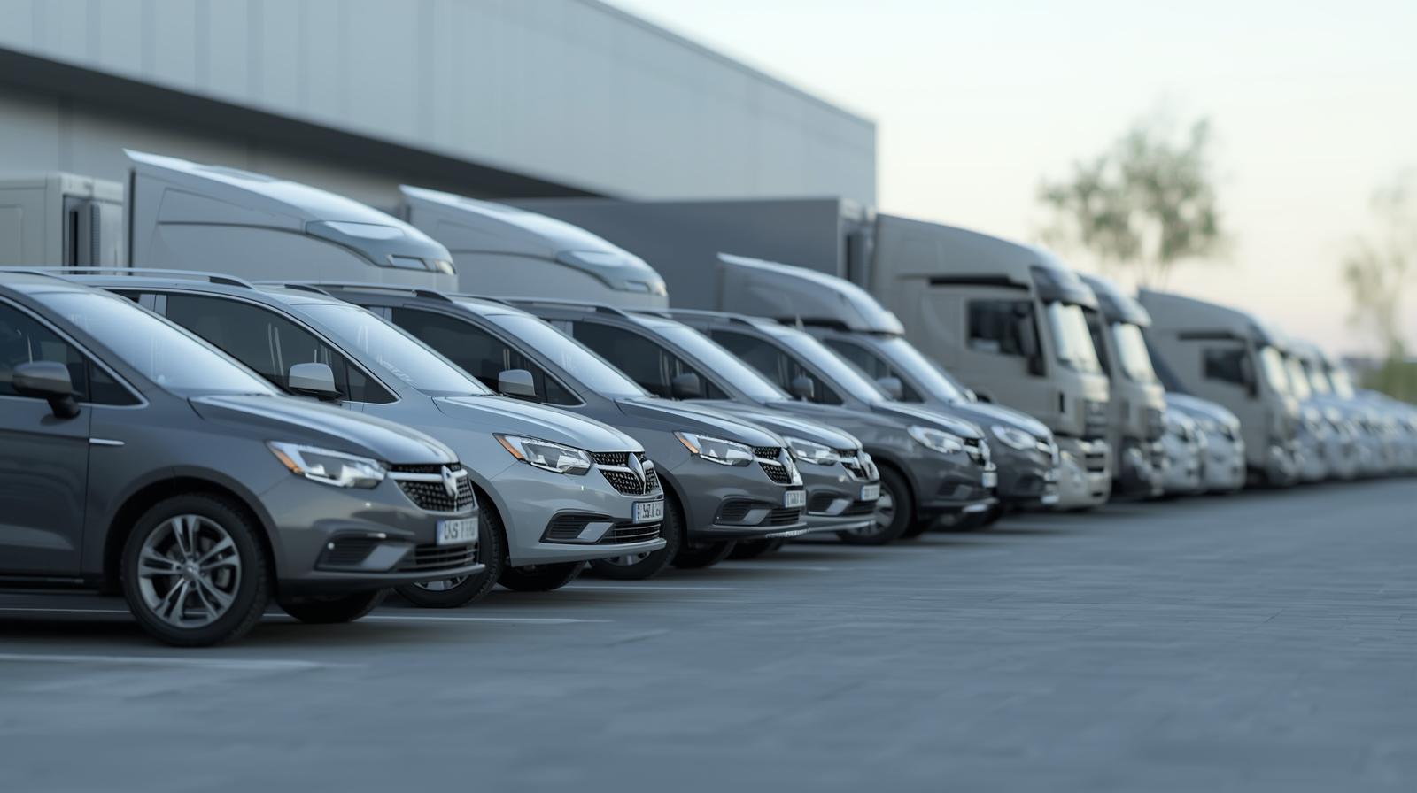 carros e caminhões estacionados lado a lado em um pátio moderno
